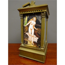  20th century brass alarm carriage clock, painted porcelain dial and panels depicting nude women, four Corinthian column pilasters, eight day movement, H19cm   