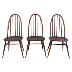 Ercol - set of six 'Quaker' dark elm chairs, high back hooped chairs, on tapering supports