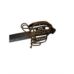 Scottish basket-hilted sword, double-edged blade L95cm cut with three narrow fullers, marked with a pair of crescent moons, L112cm 