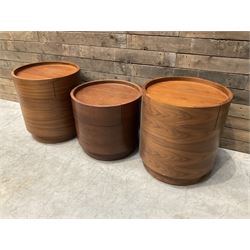 Three walnut circular barrel shaped lamp tables, fitted with single drawer (lower table D53cm, H49cm)