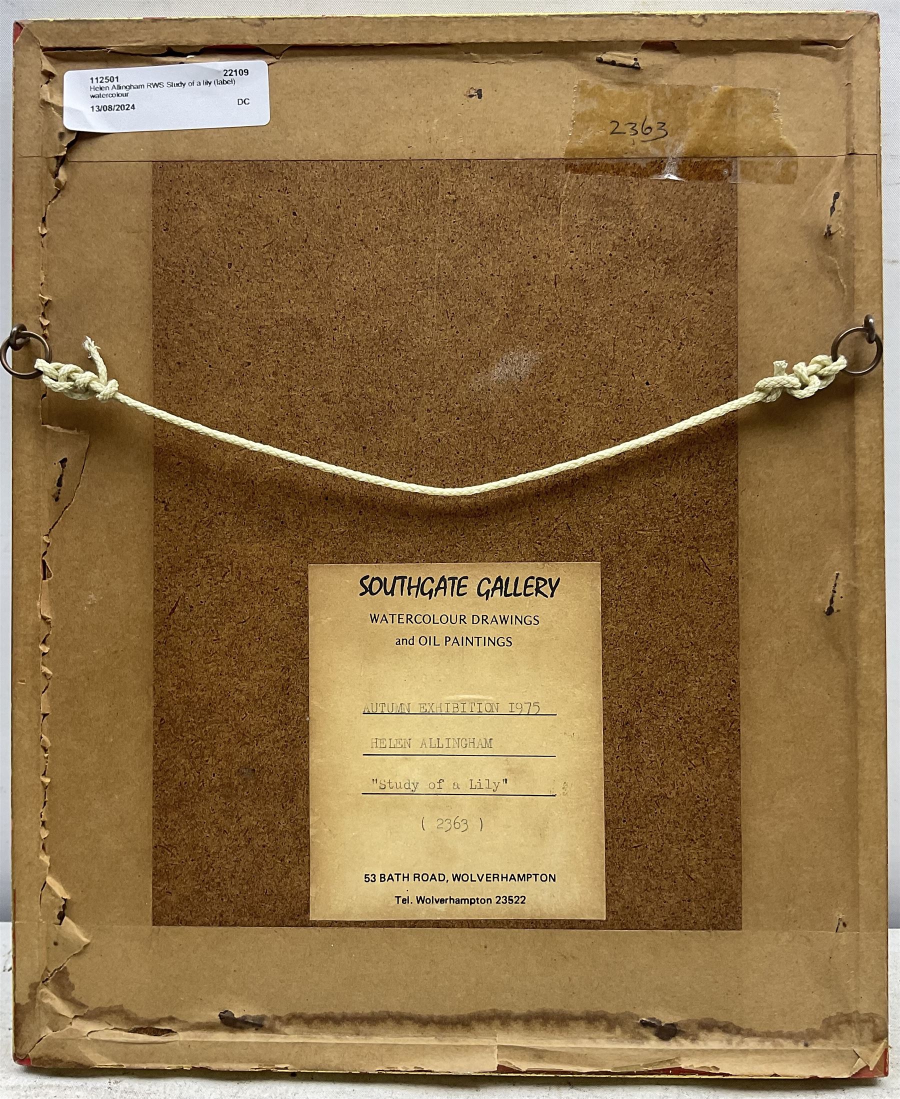 Helen Allingham RWS (British 1848-1926): Study of a Lily, watercolour unsigned, titled and attributed on gallery label verso 10cm x 6cm 
Provenance: with the Southgate Gallery, Wolverhampton, label verso