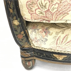  Late 19th century tub chair, chinoiserie type decotation, ebonised and painted wood beech frame, upholstered in a beige ground fabric with floral pattern, turned supports, W66cm  