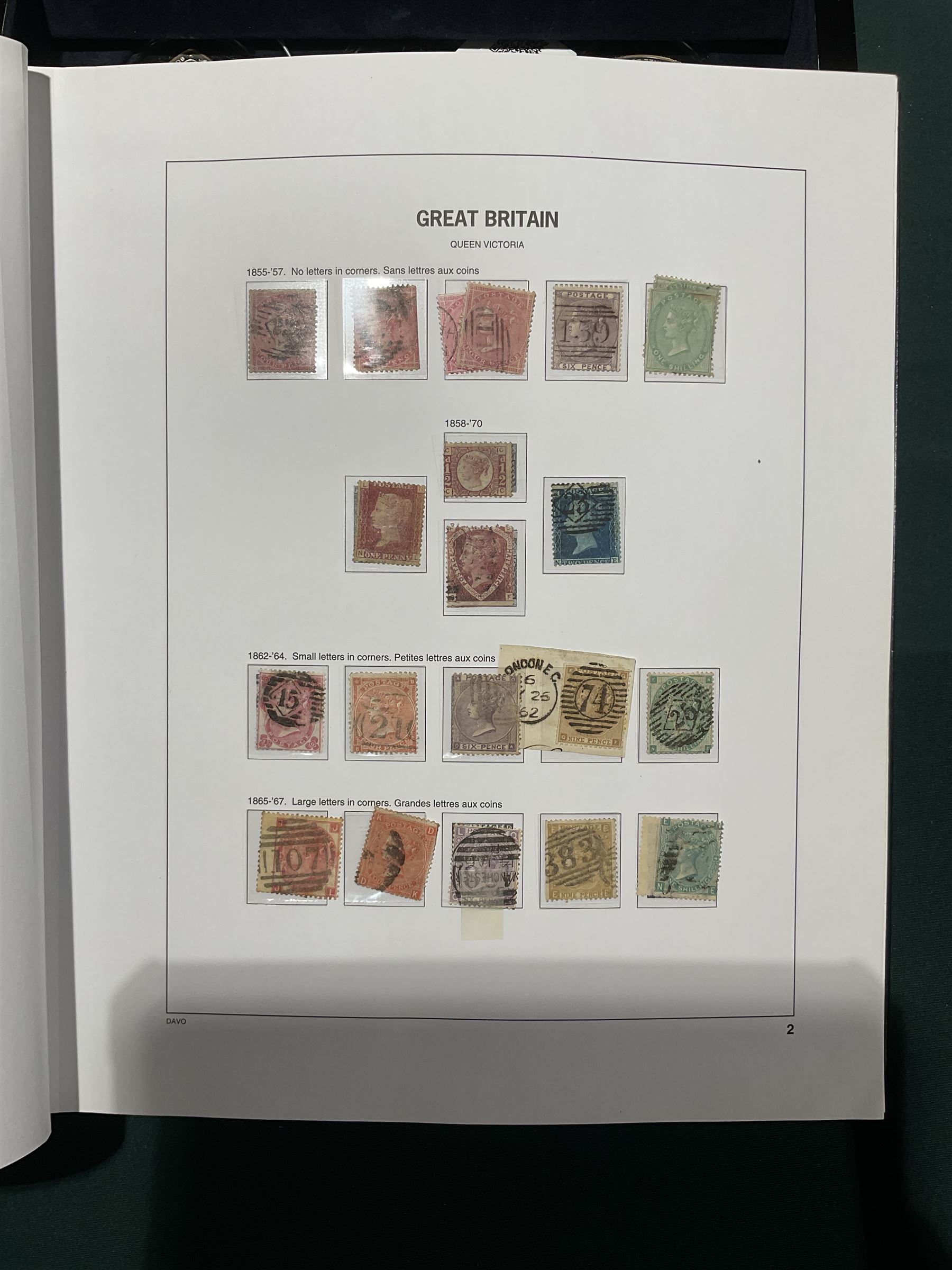 Extensive single album collection of Great British Queen Victoria and later stamps, including QV penny black with three margins, 1840 two pence blue, perf two pence blues with white lines added, QV one pound brown lilac, QV one pound green, King George V seahorses, 1929 Postal Union Congress one pound black, King George VI 1939-48 set of six with ten shillings dark blue, Queen Elizabeth II pre-decimal issues, housed in a Stanley Gibbons Great Britain 2001 album, a well presented collection with few ommissions
