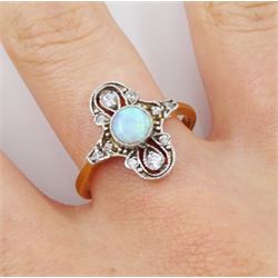 Silver-gilt single stone opal and cubic zirconia cluster ring, stamped Sil 
