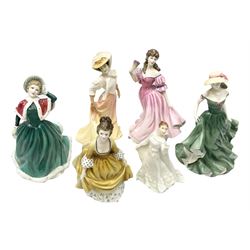 Six Royal Doulton figures, comprising Lauren HN3975, Wisdom HN4083, Christmas Day 2001 HN4315, Best Wishes HN3971, Coralie HN2307 and The Open Road HN4161