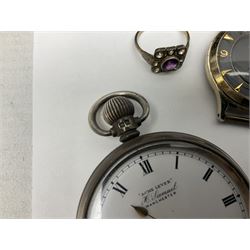 Four wristwatches including Seiko automatic, Sekonda, Timex and Ingersoll, silver Acme Lever pocket watch by H Samuel, 9ct gold keepers ring, silver and 9ct gold paste stone set cluster ring, silver and stone set silver jewellery and other vintage jewellery