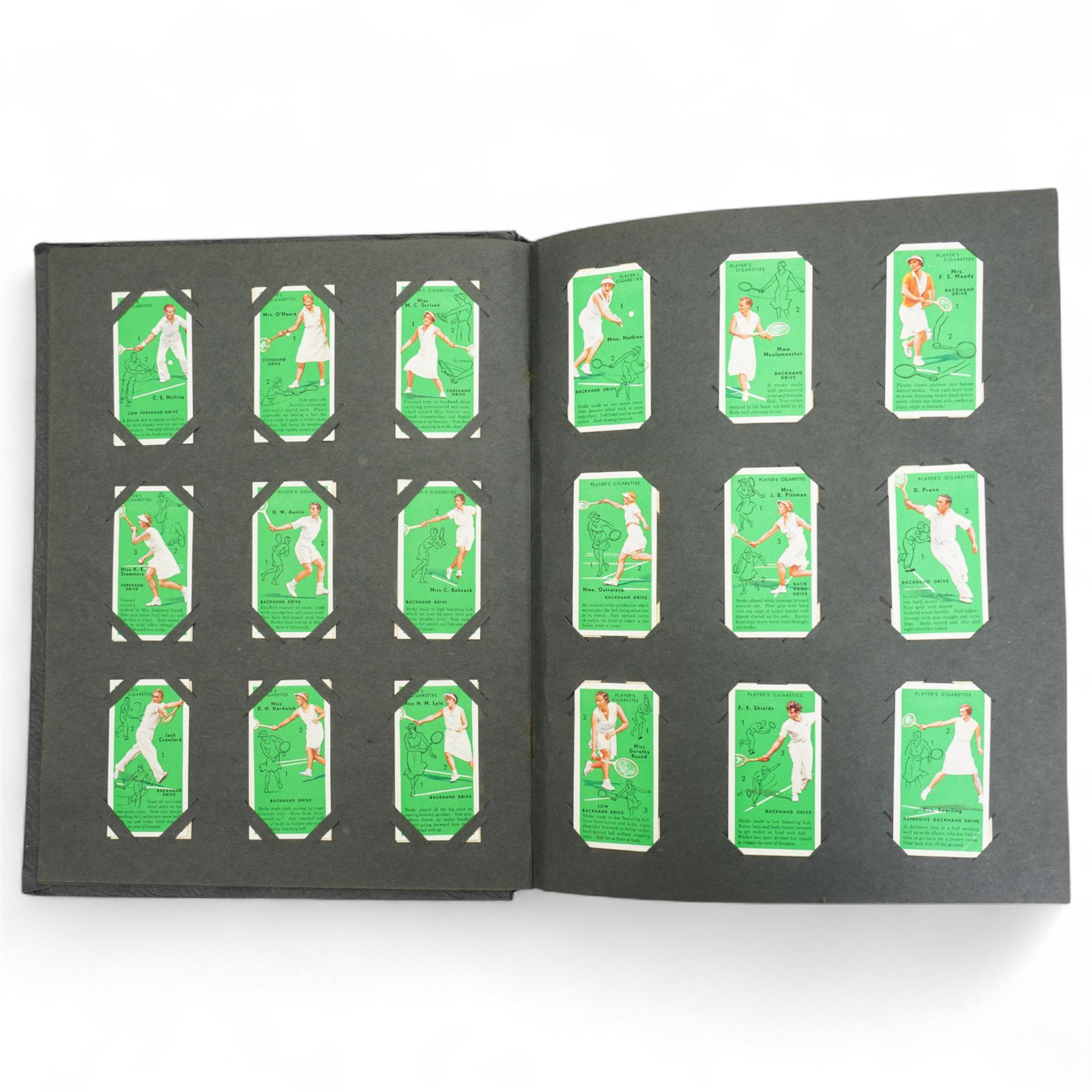 Cigarette card album and contents including set of 50 Players tennis, Hints on Association Football etc