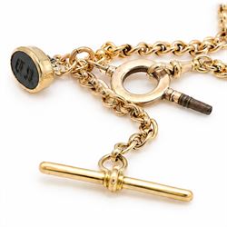 Early 20th century 9ct gold roller link Albert chain, with a bloodstone intaglio engraved with the initials RD and a gold capped key