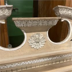 Late 19th century pine and gesso mirror back or wall mirror, pierced broken swan neck pediment decorated with foliate and central flower head motif, shield shaped bevelled mirror, the spandrels decorated with scrolled foliate decoration, two tier shelves on turned and fluted supports  - THIS LOT IS TO BE COLLECTED BY APPOINTMENT FROM THE OLD BUFFER DEPOT, MELBOURNE PLACE, SOWERBY, THIRSK, YO7 1QY