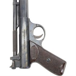 
Webley Premier .22 air pistol, batch 181, Series D with 5 pin trigger block, the air chamber marked The Webley Premier, Made in England, Webley & Scott Ltd. Birmingham, with brown checkered grip, H14cm, L19cm