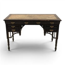 Victorian Aesthetic Movement ebonised writing desk, rectangular top with inset tooled leat...