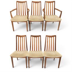 G-Plan - mid-20th century teak 'Fresco' circular extending dining table and six chairs, circular top with storable fold-over leaf extending to 166cm