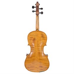 Early 20th century violin, copy of a Franciscus Gobetti, with a maple back and spruce top with ebonised fittings, in a hard velvet lined case with bow.