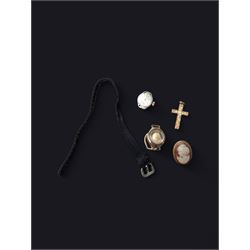 9ct gold cased ladies Incabloc wristwatch on fabric strap, together with a 9ct gold cross pendant and a cameo brooch with 9ct gold surround