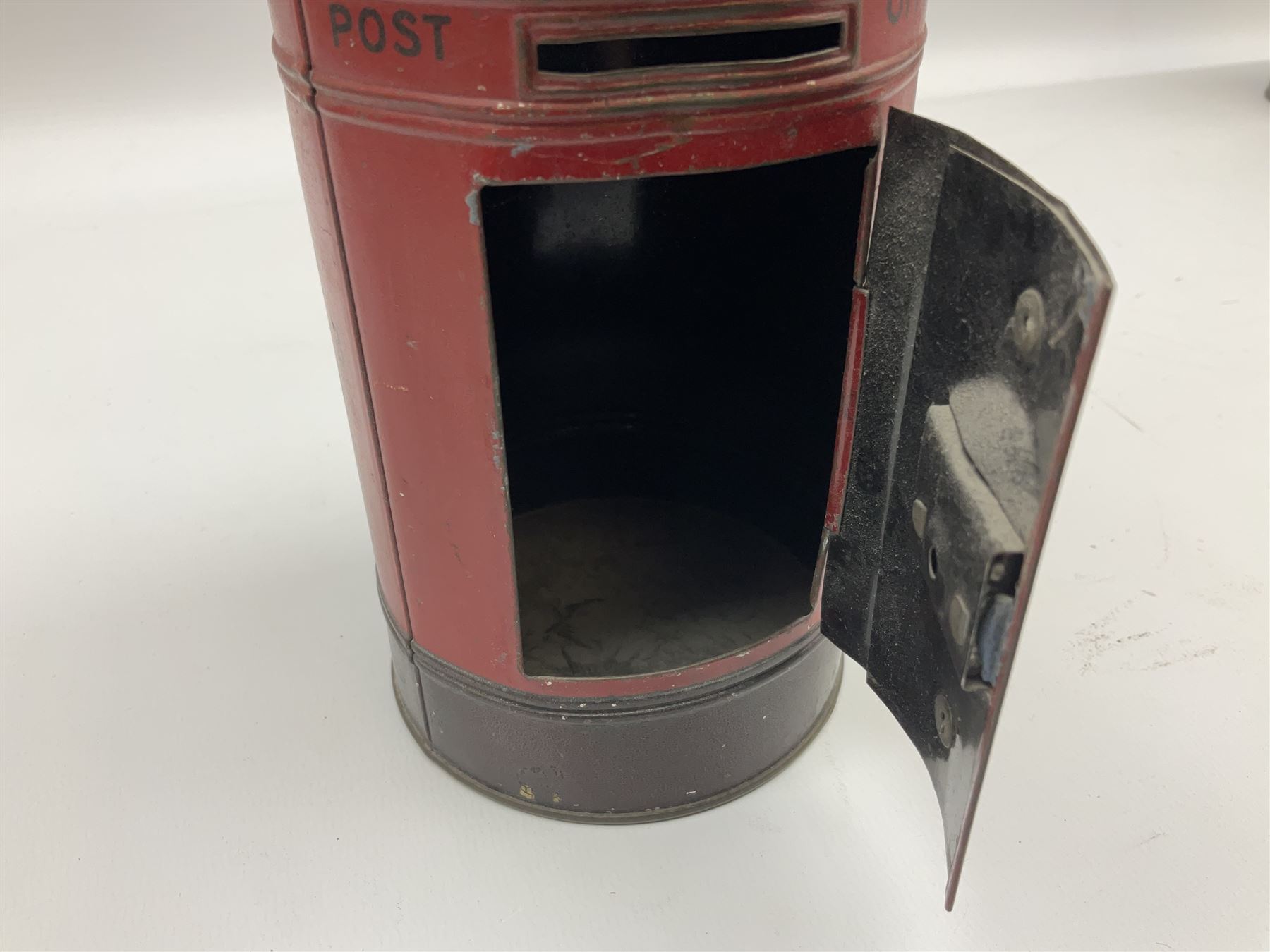 Collection of tin plate money boxes in the form of Royal Mail post boxes, to include four Chad Valley examples, one with key and others similar,  marked VR, GR and ER (10)