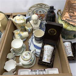 Commemorative ware including Shelley etc, together with a small Wedgwood Jasperware plate detailed with the profile of Sir Winston Churchill, a small bust of Sir Winston Churchill, a Royal Doulton Sandeman port decanter, a Crown Ducal tea for two set, etc, in two boxes