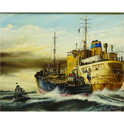  Peter Gerald Baker (British 20th century): 'Dropping the Pilot' to the Danish liquified gas carrier in the North Sea, oil on canvas signed and dated 1979, 39cm x 49cm  