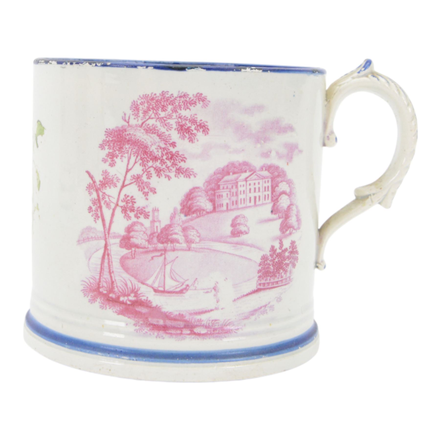 19th century frog and newt cup, decorated with a house in a landscape and cows, featuring a frog and newt inside the cup, together with three other frog cups 