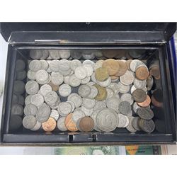 Coins, stamps and costume jewellery, including Bank of England Page five pounds '60K 031455', pre decimal coinage, commemorative crowns, first day covers, PHQ cards, small number of presentation packs, rolled gold / plated jewellery items etc