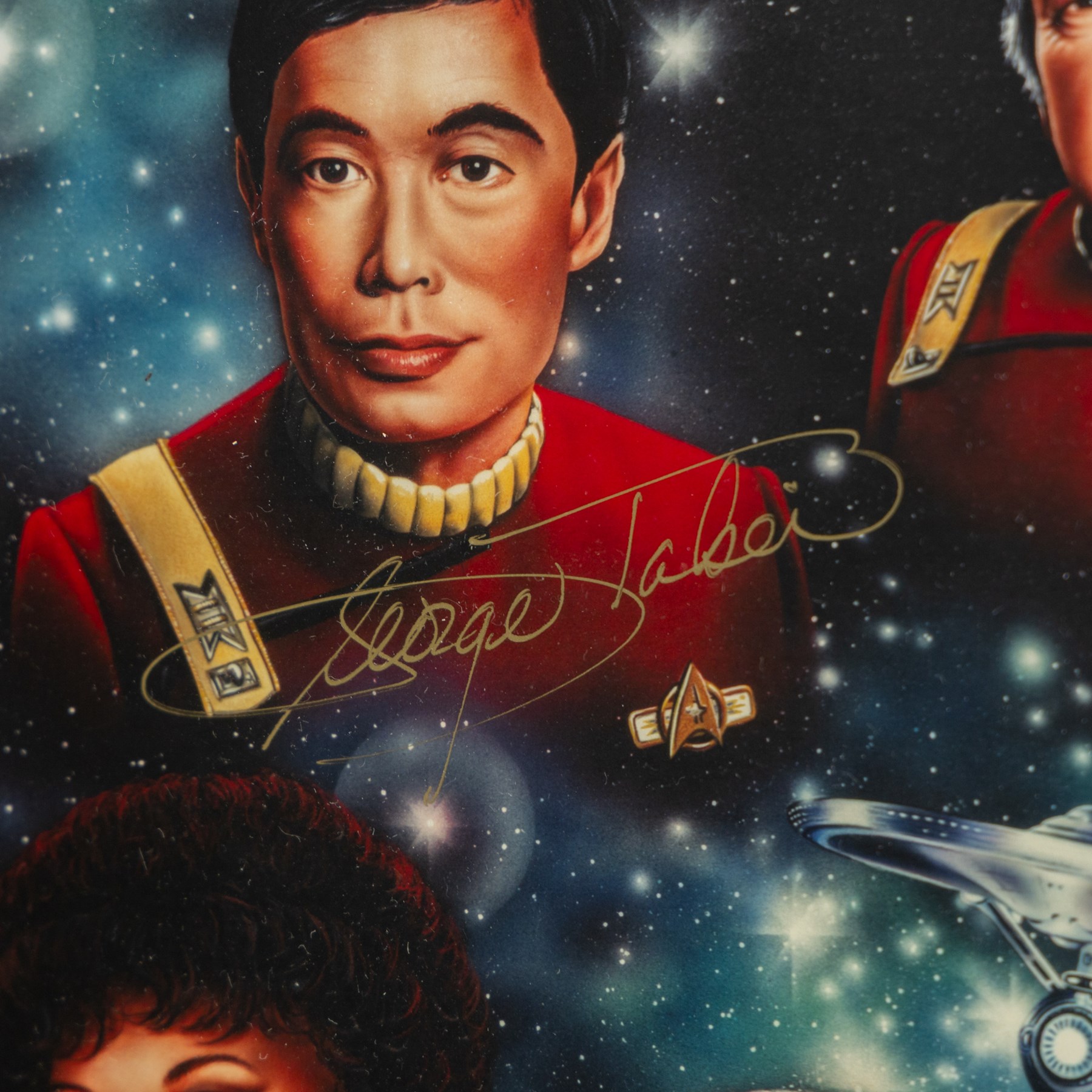Limited edition Star Wars print 'The Voyage Begins' by Stewart Robinson numbered 516/1701, framed above three signed photographs of William Shatner as Captain James T. Kirk, Leonard Nimoy as Mr Spock and The Star Trek Legendary Four, all with certificates of authenticity verso, frame H109cm, W90cm