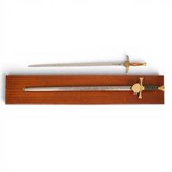 Wilkinson Sword, with 76cm double edge blade, etched with makers name and decoration, wood...