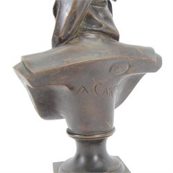 After A. Carrie, bronze bust depicting Dante Aligheri, upon socle and square plinth, signed verso with foundry mark, H22cm