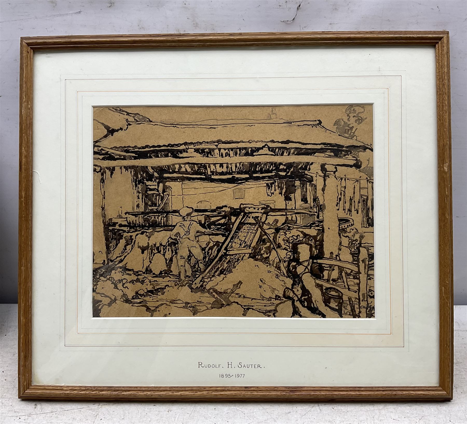 Rudolf Helmut Sauter (German 1895-1977): Barn Interior, ink on brown paper signed 22cm x 29cm