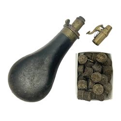 19th century James Dixon & Sons Sheffield leather covered powder flask to dispense 2 1/4 - 3 drams L19cm; French adjustable powder nozzle to dispense 50 - 70 grains; and quantity of cartridge wads