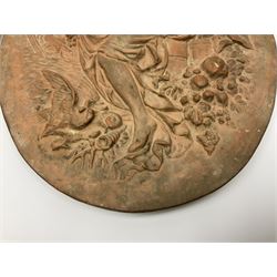 Pair of 19th century classical terracotta relief wall plaques depicting the goddess Hygeia and another goddess, seated holding an ewer, each of oval form, indistinctly signed, each stamped Ferreira verso, H42cm, W30cm