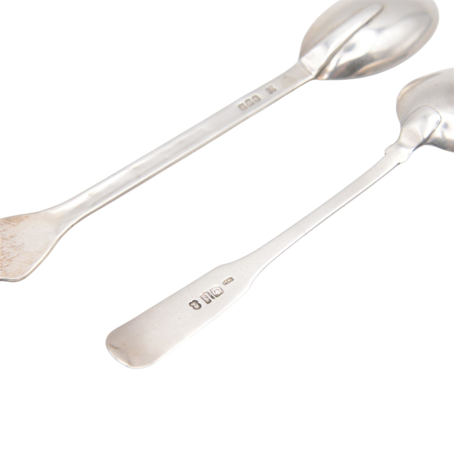 Late 20th century Scottish silver Arts and Crafts style trifid teaspoon with oval rattail bowl, with chased decoration to stem, hallmarked Isle of Mull Silver Co, Edinburgh 1986, together with two Scottish provincial silver spoons, comprising spice lifter, hallmarked William and Patrick Cunningham, Edinburgh and a Fiddle pattern teaspoon, hallmarked William Hannay, Paisley, C1837, both with engraved crests/initials