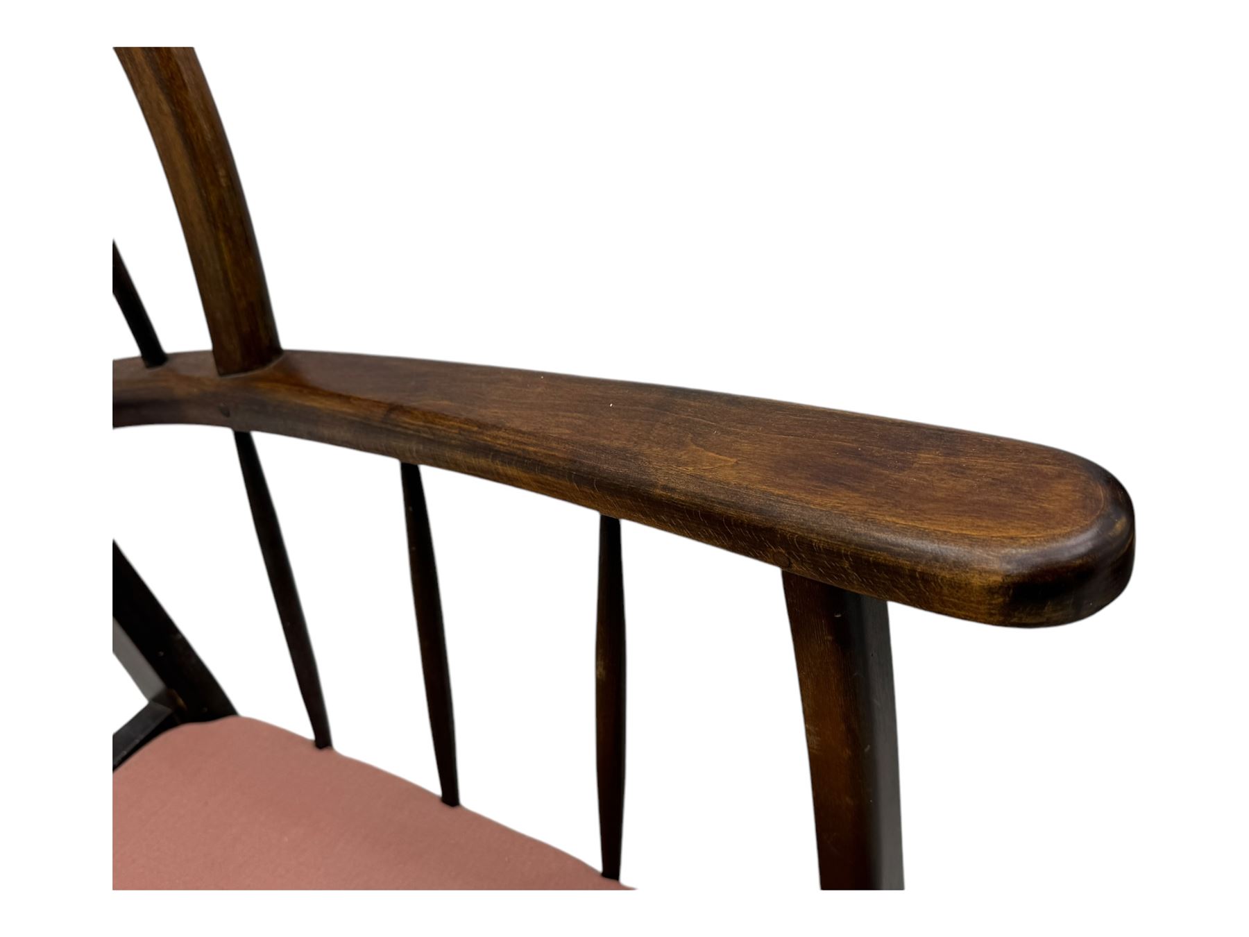 Joynson Holland - pair of mid-20th century stained beech framed easy chairs, shaped back and flat armrests over floral tapestry cushioned seat and back, on splayed supports united by stretcher