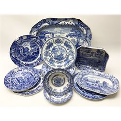A group of 19th century Spode blue and white transfer printed pottery, various patterns including Italian, Bridge of Lucano, Tower, Tiber or Rome, Filigree, with printed or impressed marks beneath. 