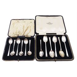Set of six modern silver coffee spoons, hallmarked William Hutton & Sons Ltd, Sheffield 1962, together with a set of five modern silver coffee spoons, with scroll finials, hallmarked Cooper Brothers & Sons Ltd, Sheffield 1962, and one other hallmarked coffee spoon, with two silk and velvet lined cases