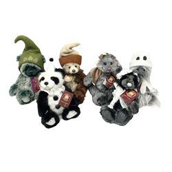 Six Charlie Bears, comprising Nutmeg CB621329, designed by Isabelle Lee, Toadstool CB195166, Pom Pom CB175154B, Whoooo CB195220O, Bandage CB215274O, and Bearwolf CB215275O, all with tags 