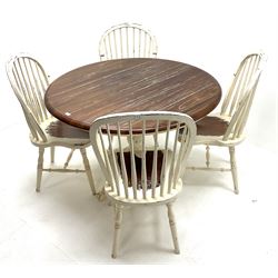 Laura Ashley Bramley range French style cream pedestal dining table with polished top (D120cm, H78cm) and set four stick back chairs, turned supports joined by stretchers (W48cm)