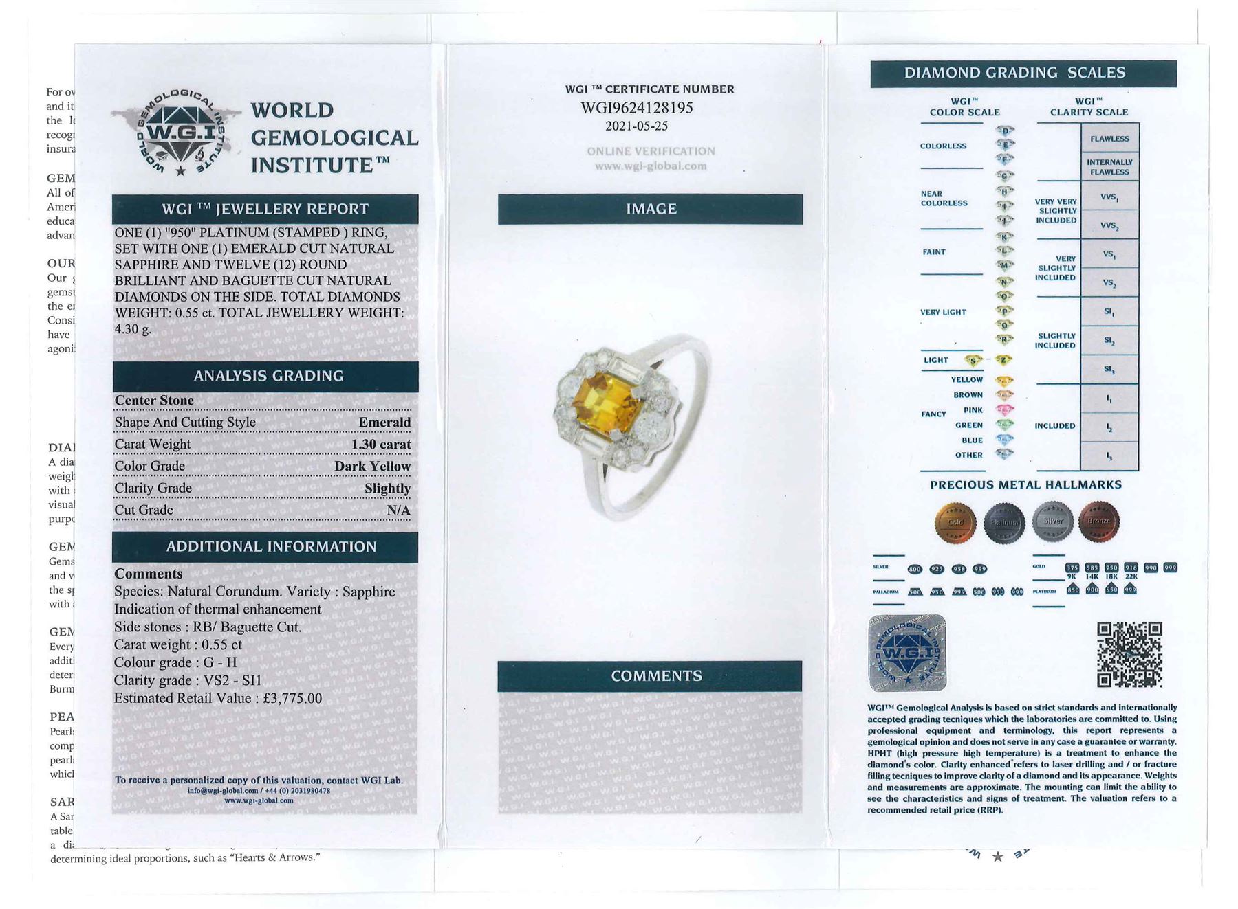 Platinum emerald cut yellow sapphire, baguette and round brilliant cut diamond cluster ring, stamped Plat, sapphire 1.30 carat, total diamond weight 0.55 carat, with World Gemological Institute Report