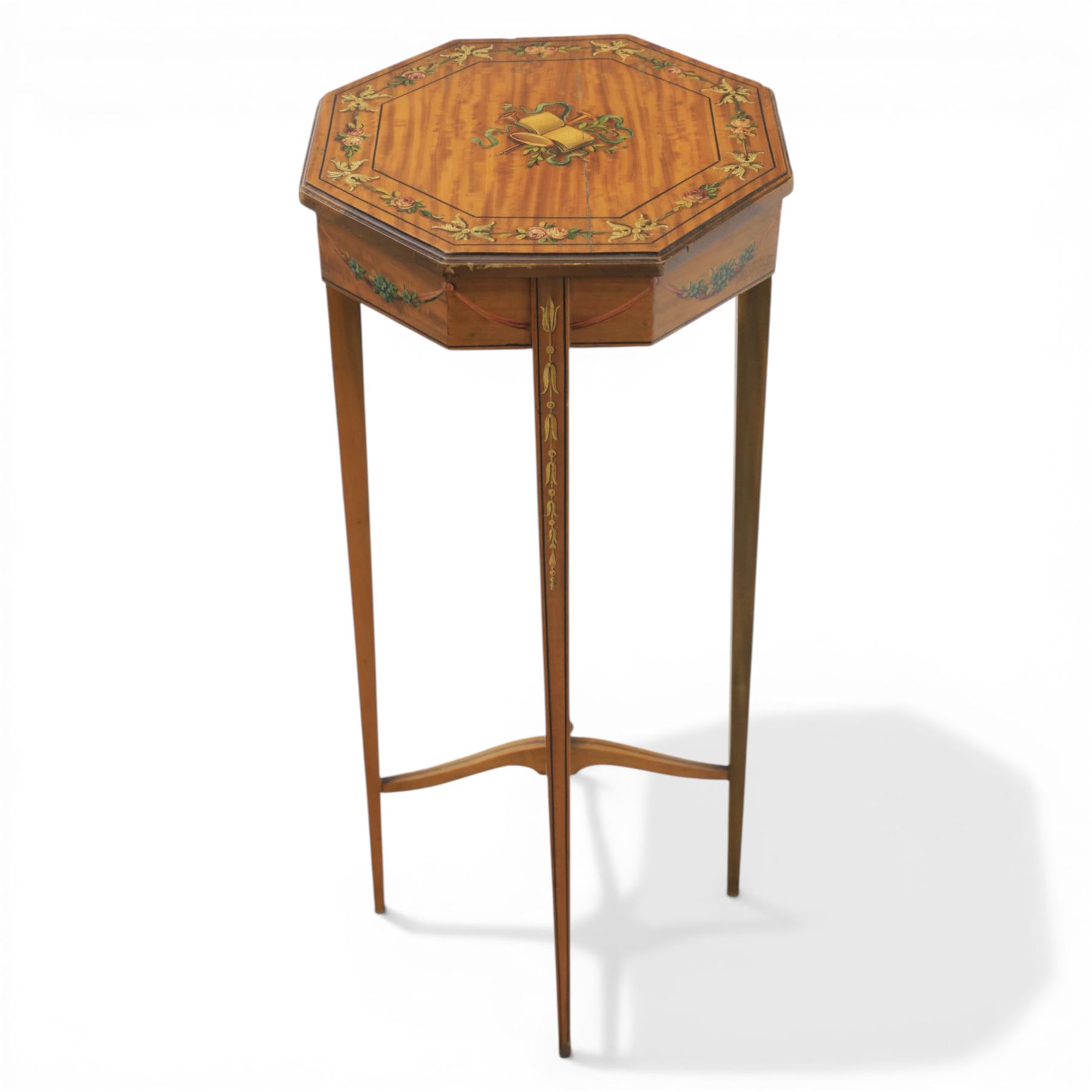 Edwardian inlaid satinwood occasional table, the octagonal top with central painted classical urn within floral garland border, shaped frieze with further painted swags, raised on square tapering legs united by an undertier stretcher