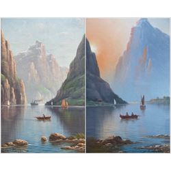 Nils Hans Christiansen (Denmark 1850-1922): Day and Eventide on the Fjords, pair oils on board signed 40cm x 22cm (2)