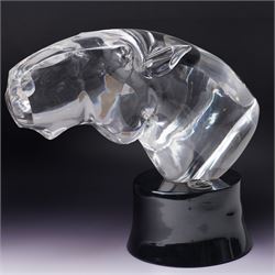 Loredano Rosin (Italian 1936-1992): Horse's Head, clear cut glass sculpture mounted on an oval plinth of black glass with incised signature, with impressed makers medallion, overall H35cm W47cm 
Notes: Rosin was widely exhibited Murano glassmaker who collaborated with artists such as Picasso and Chagall, this piece probably dates from the 1960s. 