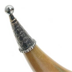 Horn flower holder with white metal mounts and Malaysian coat of arms L36cm