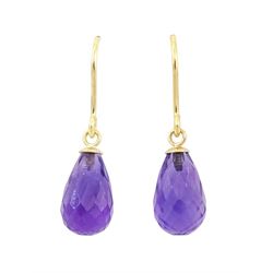 Pair of 9ct gold briolette cut amethyst pendant earrings, stamped 375