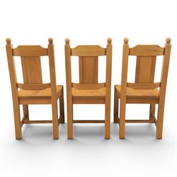 Contemporary solid oak dining table, and set of eight chairs, rectangular plank top with chamfered edges, raised on square supports