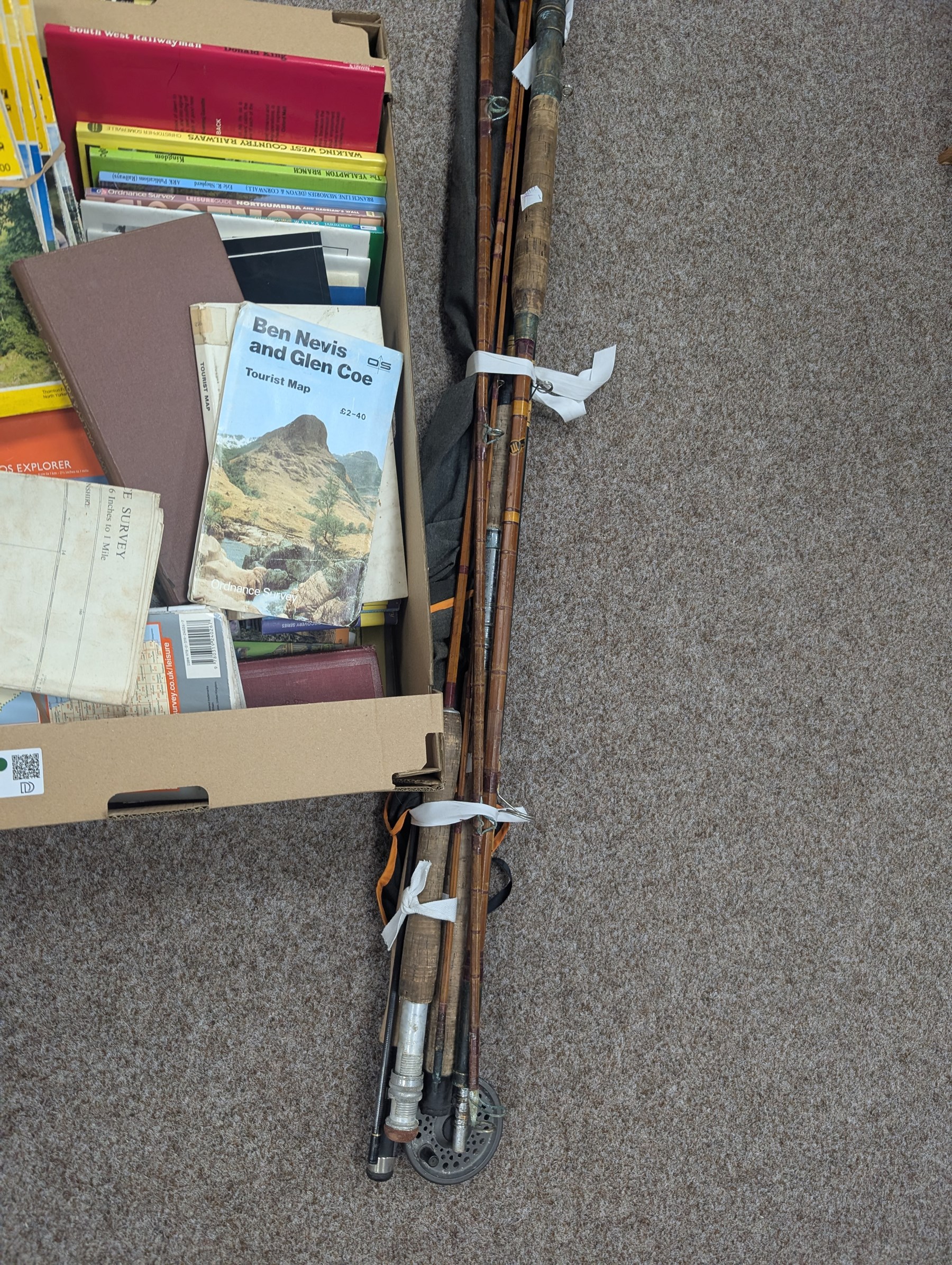 Fishing rods including split cane, fly and The Midlander example, together with a collection of railway reference books and maps including Ordnance Survey