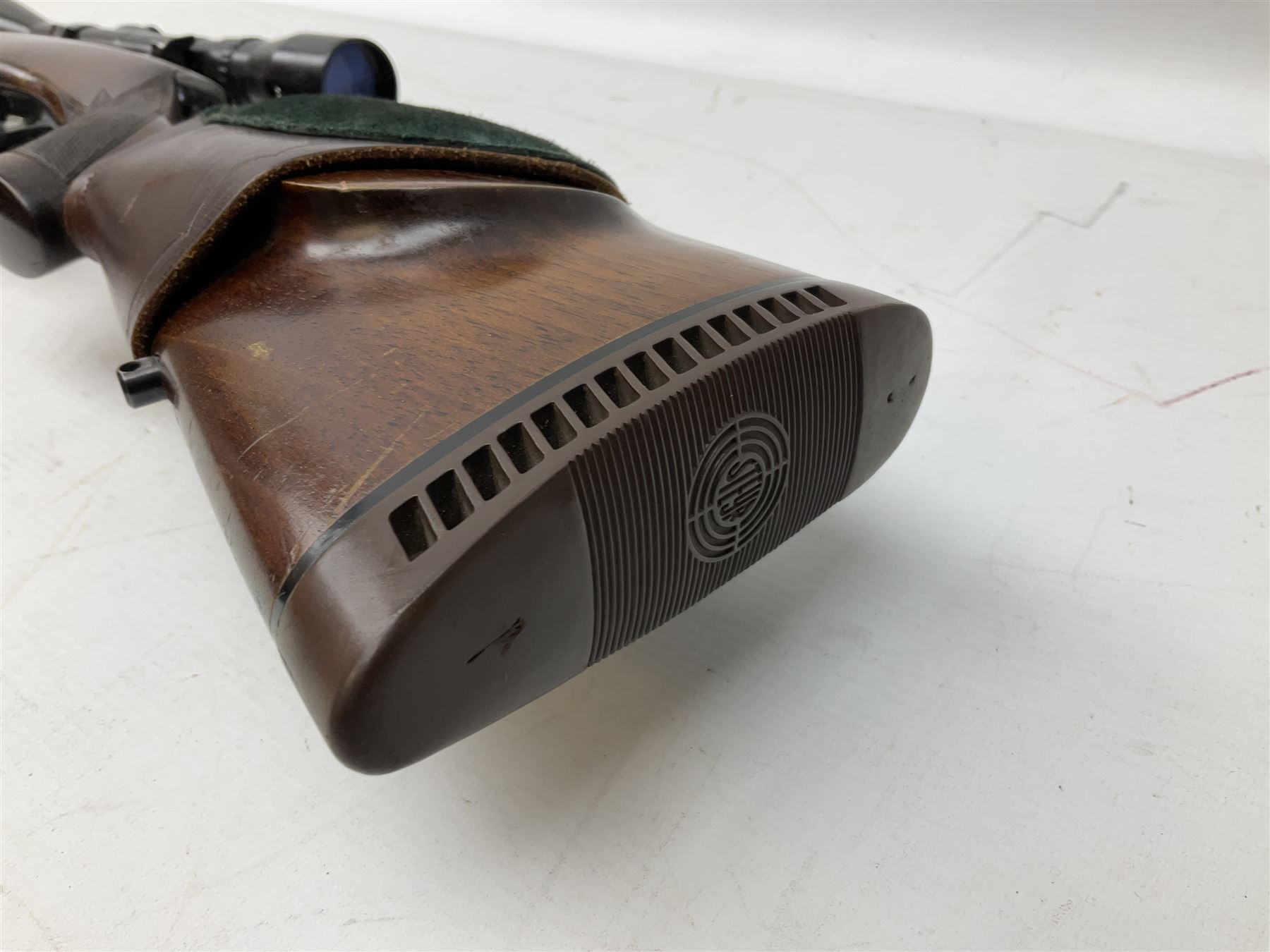 30-06 Steyr-Mannlicher Model M bolt-action rifle, the 61cm hammer forged barrel with side safety, double set trigger and lift-out rotary magazine, walnut stock with chequered pistol grip and fore-end and additional soft leather cheek piece, Pecar Berlin Champion 8 x 45 telescopic sight with quick release mounts, serial no.204791 L111cm FIREARMS CERTIFICATE REQUIRED OR RFD