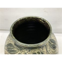 John Egerton (c1945-): studio pottery stoneware vase decorated with fish, mermaids and ammonites, H38cm