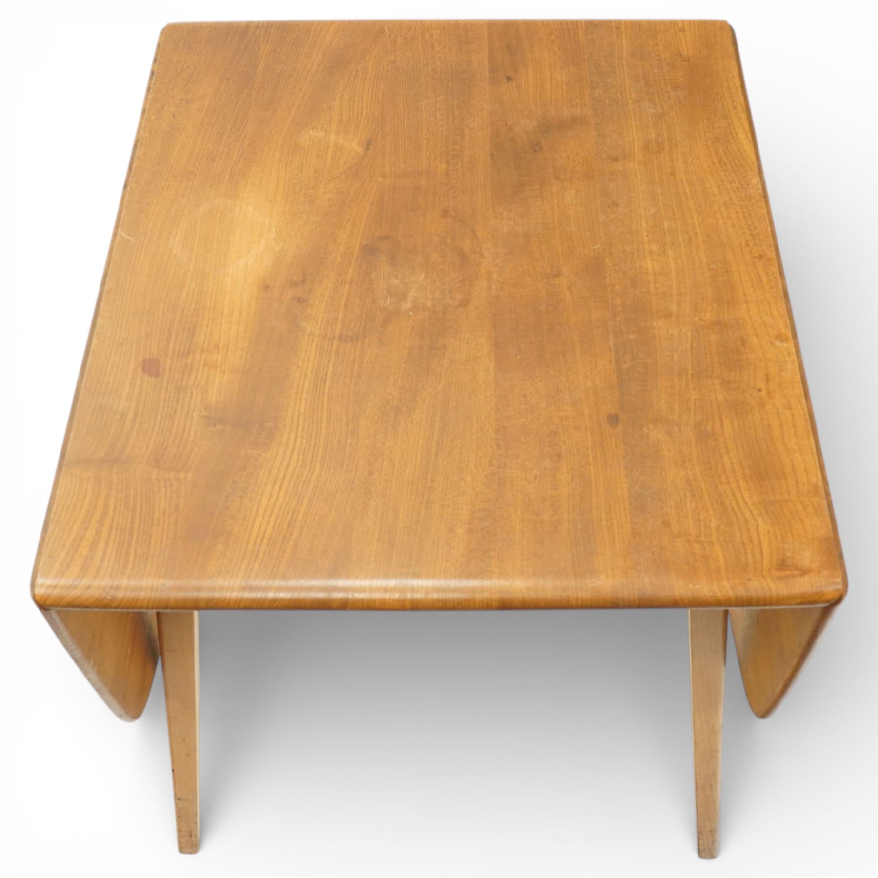 Ercol - model ‘383’ elm and beech drop-leaf table, rounded rectangular top extending to 136cm, on square tapering supports