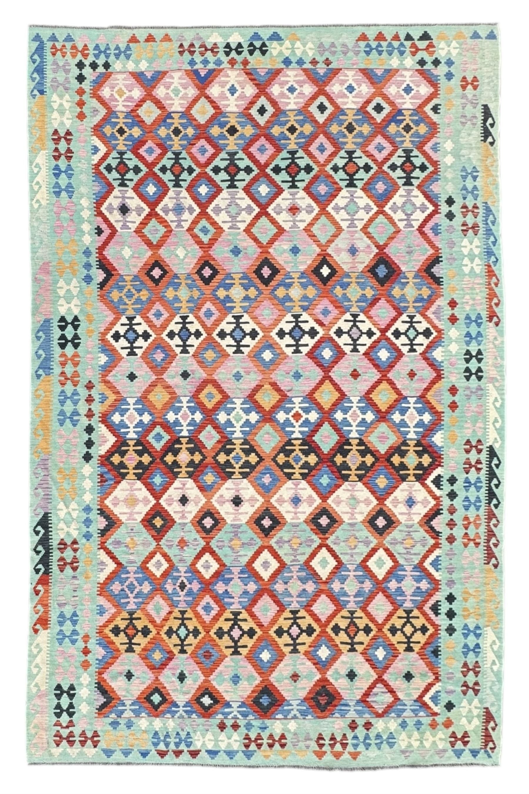 Kilim pastel ground rug, the field decorated with repeating multicoloured geometric diamond motifs, enclosed within matching geometric borders