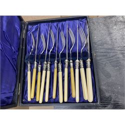 Cased canteens of fish knives and forks, together with part canteen in oak box and various other cased flatware, in two boxes 