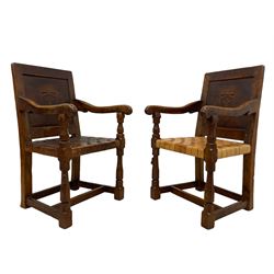 Mouseman - circa. 1930s set of six (4+2) oak dining chairs, panelled back carved with the Bagshawe family crest, the moto 'Forma Flos Fama Flatus' over an arm grasping a bugle-horn with ribbon tie and Yorkshire rose motif, adzed frame, leather lattice strap seat, on octagonal supports united by stretchers, two carvers and four side chairs, each carved with mouse signature, by Robert Thompson of Kilburn 

Provenance: Owned since manufacture by the Bagshawe family, descendants of the Staithes Group Artist Joseph Richard Bagshawe RBA (1870-1909).