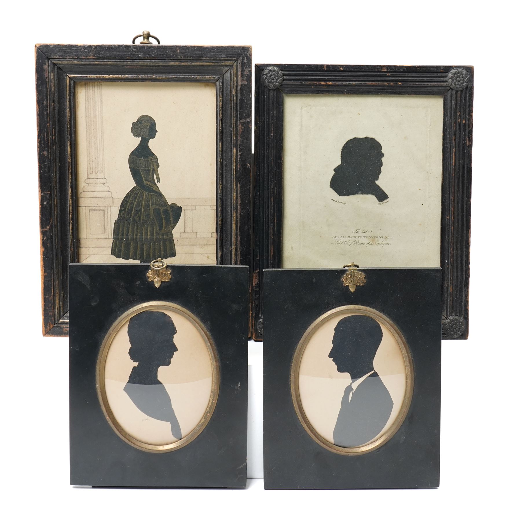 Pair of early 20th century oval male and female silhouette portraits, one indistinctly signed and in ebonised frames 11cm x 8cm, a silhouette of a Victorian lady with gilt highlights and a silhouette of Sir Alexander Thompson by W.W.M Esq, published by W Cribb April 1817 (4)
